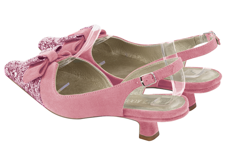 Carnation pink women's open back shoes, with a knot. Tapered toe. Low spool heels. Rear view - Florence KOOIJMAN